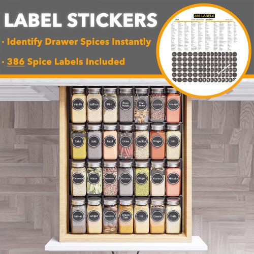 SpaceAid Spice Drawer Organizer with 28 Spice Jars, 386 Spice Labels, 4 Tier Seasoning Rack Tray Insert for Kitchen Drawers, 13 Wide x 17.5 Deep