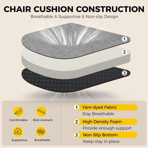 downluxe Indoor Chair Cushions for Dining Chairs, Soft and Comfortable Textured Foam Kitchen Chair Pads with Ties and Non-Slip Backing, 16 x 16 x 2, Dark Grey, 6 Pack