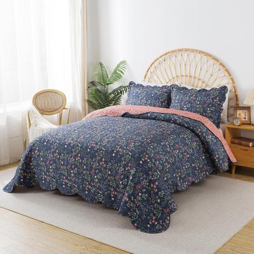 Travan 3-Piece Quilt Set Quilted Bedspread Lightweight Coverlet Set Garden Style Floral Printed Oversized Quilted Bedding Set for All Season, Blue Flower Sea, Queen Size