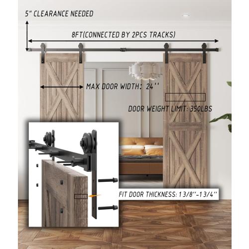 Double Barn Door Hardware Kit - 8 FT Steel Heavy Duty Rail Exterior Sliding Barn Doors Slide Track Roller Set with Floor Guide Fits 24 inch Wide Panel for Garages/Closets/Bedroom/Kitchen (Black)