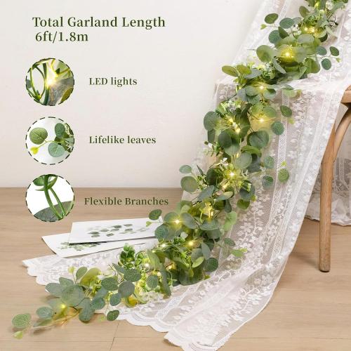N&T NIETING 1 Pack Artificial Eucalyptus Garland with Lights, 6FT Artificial Greenery Garlands, Battery Operated Twig Vine for Room Stairs Mantle Wedding Holiday Easter Decoration Indoor Outdoor