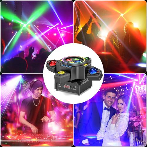 Moving Head DJ Lights,120W Party Light 4 Arm RGBW 4-in-1 Bee-Eyes Beam/Wash/Red Green Starry Sky Golden Strobe Halo Ring Effect Light,Sound-Active/DMX/Remote Control for Party Club Stage Show