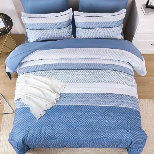 Drucon 7 Piece Striped Comforter Set King Size Light Blue Bed in a Bag, Soft Microfiber Complete Bedding Set with Sheets for All Season