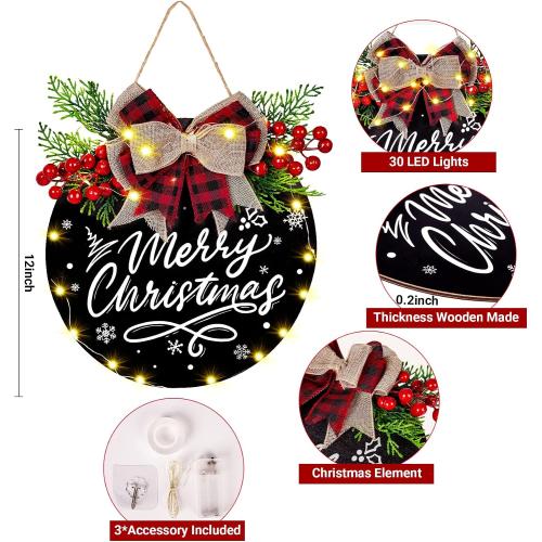Black Door Sign for Christmas Decorations, Lighted Christmas Wreaths for Front Door, Farmhouse Wooden Hanging Merry Christmas Sign with 30 LED Lights for Indoor Outdoor Porch Wall Window Decor