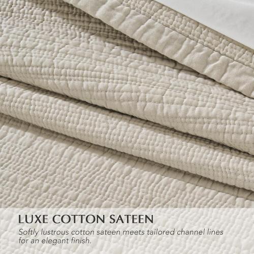 EVERGRACEHOME Channel Stitch 100% Cotton Quilt Set King Size, Pre-Washed Cotton Sateen Coverlet Bedspread, 3-Piece Soft & Breathable Bedding Set with 2 Shams for All Seasons, Parchment