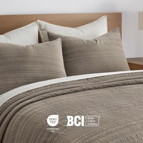 EVERGRACEHOME 100% Cotton Modern Lines Quilt Set King Size, Pre-Washed Soft Striped Coverlet Bedspread, 3 Piece Lightweight Bedding Set for All Season, with 2 Pillow Shams, Stone Taupe