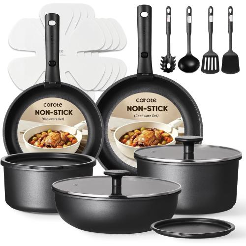 CAROTE Pots and Pans Set Non Stick, Cookware Set Detachable Handle, Nonstick Induction Kitchen Sets Non Stick with Removable Handle, RV Cook Ware, Oven Safe, Black