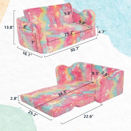 Elevon Wider Seating Toddler Couch, 2-in-1 Sofa Soft Chair for Boys Girls, Flip Open Convertible Sleeper for Playroom, Glowing Rainbow