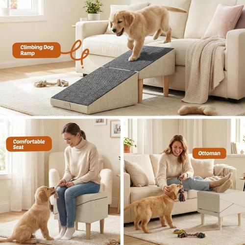 Foldable 15 Inch Dog Ramp, Ramply Split Ottoman with Detachable Washable Treads, 2-in-1 Folding Pet Ramps Stairs for Couch and Bed, Sturdy Ramp for Cats and Small to Medium Dogs