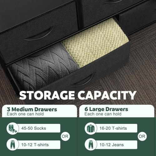 Color white Dresser for Bedroom with 9 Drawers, Chest of Drawers, Storage Drawers Organizer Unit, Black Wide Fabric Dresser with Fabric Bins for Closet, Living Room, Entryway