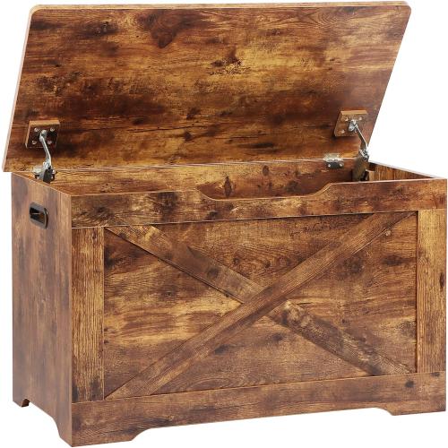 Brown 15.7 x 31.5 x 18.9 Storage Chest, Wooden Storage Bench, Entryway Shoes Bench with 2 Safety Hinges, Retro Storage Trunk for Living Room, Bedroom, 15.7 x 31.5 x 18.9 Inches, Rustic Brown