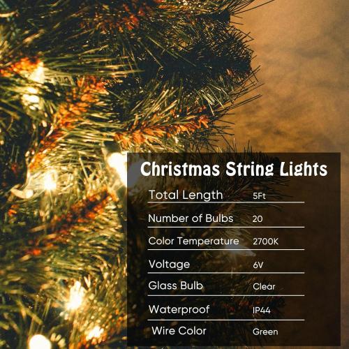 Mini Christmas Lights String Warm White Vintage Short Strand String Lights, Clear Bulbs Wire Fit Light up Christmas Decorations(20 Bulbs Connectable,5ft,Green)