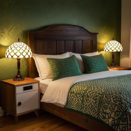 Tiffany Style Stained Glass Lamp with Yellow Beads, 12-Inch Table Lamp – Handcrafted Vintage Accent Light for Living Room, Bedroom, or Office, Includes LED Bulb