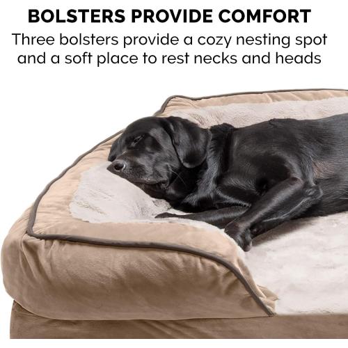 Furhaven Cooling Gel Dog Bed for Large Dogs w/ Removable Bolsters & Washable Cover, For Dogs Up to 95 lbs - Plush & Velvet Waves Perfect Comfort Sofa - Brownstone, Jumbo/XL