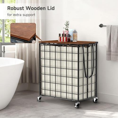 Laundry Basket with Wheels, Heavy Duty Laundry Sorter 2 Sections, 120L (32Gal.) Large Capacity Laundry Hamper with Wood Lid, 360 Rolling Wheels, Extra Side Pocket, Leather Pull Handle, Beige