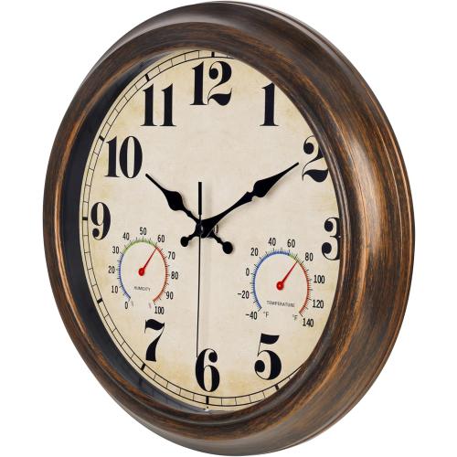 45MinST 13-Inch Vintage Outdoor Wall Clock with Thermometer and Hygrometer, Waterproof, Large Numbers, Silent, for Indoor and Outside Use,Porch,Garden,Pool(Bronze)