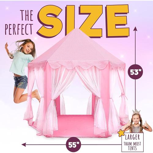 ORIAN Princess Castle Playhouse Tent for Girls with LED Star Lights – Indoor & Outdoor Large Kids Play Tent for Imaginative Games – ASTM Certified, 230 Polyester Taffeta. Pink 55x53.