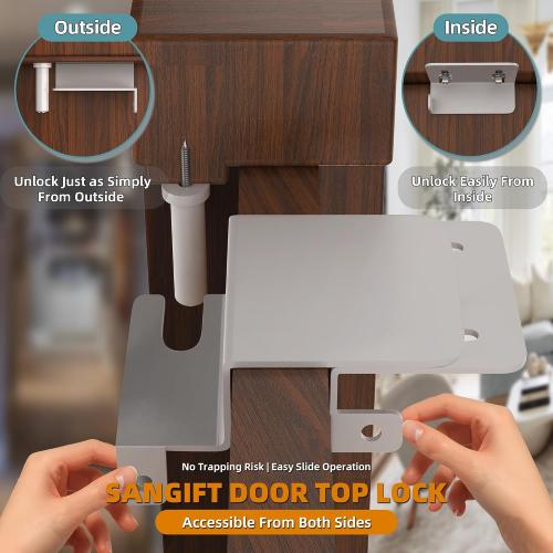 Adjustable Child Safety Door Top Lock with Ergonomic Grip, 2MM Thick Solid Steel Child Proof Door Top Lock for Interior Exterior Doors Easy Sliding Lock Unlock from Both Sides for Kids Safety