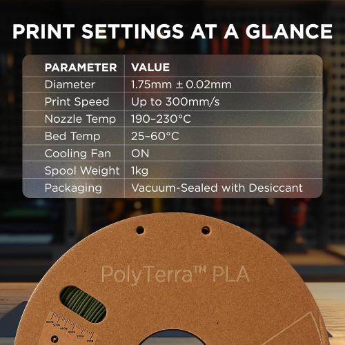 Polymaker Matte PLA Filament, 3D Printer PLA Filament 1.75mm 1kg - PolyTerra 3D Printing PLA Filament, Army Dark Green
