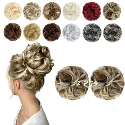 2 PCS Messy Bun Hair Piece Wavy Curly Scrunchies Synthetic Chignon Ponytail Hair Extensions Thick Updo Hairpieces for Women Girls(Brown Mix Bleach Blonde)