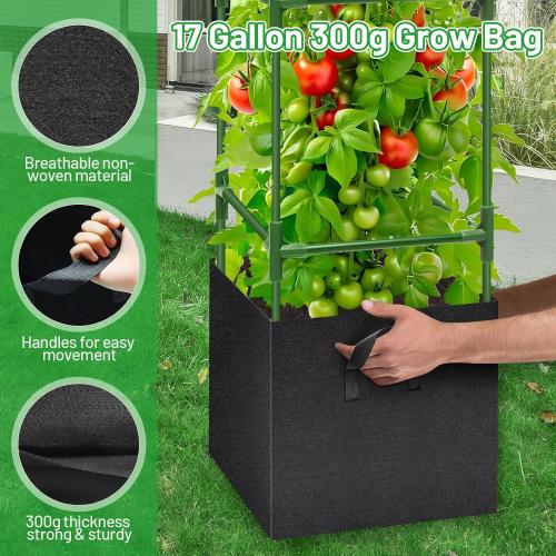 Legigo 4 Pack Tomato Cages with 17 Gallon Grow Bags- 47 Inch Square Tomato Cages for Garden, Heavy-Duty Tomato Stakes Plant Support Cages Trellis for Garden Vertical Climbing Plants Vegetables