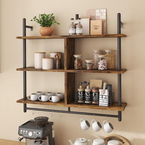 Bestier Floating Pipe Shelving Kitchen Shelves Wall Mounted 3 Tier 41.5 Ladder Coffee Bar Shelf Hanging with Circular Tube, Display Bookshelf Storage for Living Room Kitchen, Rustic Brown