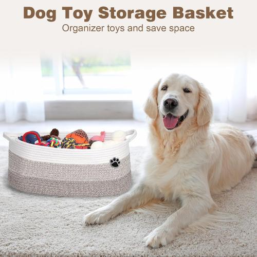 White and Brown Dog Toy Basket, Toy Box and Bin for Dog Cat Storage, 19.7 X 11 X 7.9 (30L) Large Woven Rope Basket for Blanket Storage, Living Room, Bedroom