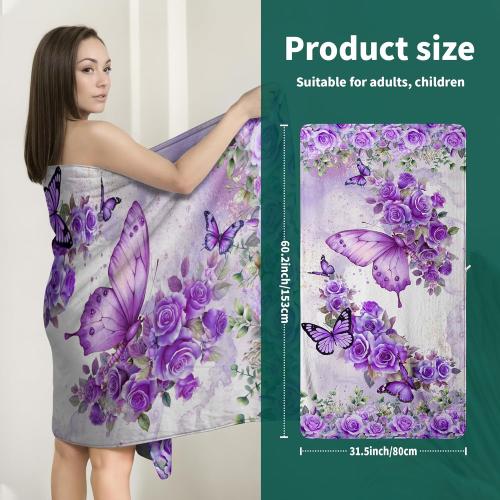 Purple Butterfly Rose Beach Towel - Floral Decorative Coral Fleece Shower Towels for Bathroom Holiday