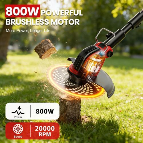 12-Inch Cordless Electric Weed Wacker, 2x3.0Ah 21V Battery Powered Weed Eater with Wheels, 800W Brushless Motor, Lawn Mower with 4 Types Blades, 20000RPM Brush Cutter Grass Trimmer for Garden Yard