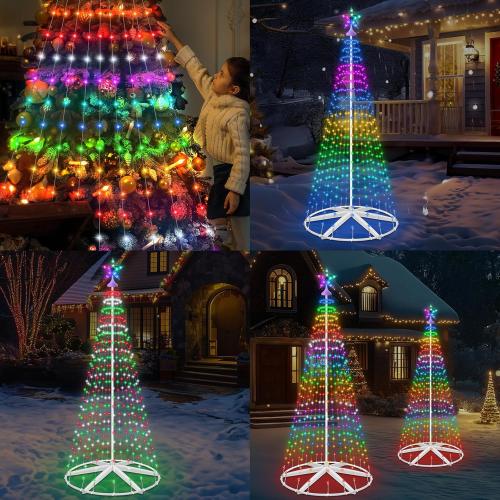 8FT Lighted Outdoor Christmas Tree Smart App Control, 388 LEDs RGB Chirstmas Cone Tree Lights Music Sync, DIY Prelit Christmas Tree Lightshow, Magical Xmas String Lights Timer Remote for Yard Decor