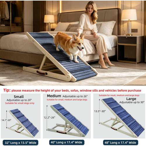 ZJSF Foldable Dog Ramp for High Bed, Wooden Dog Stairs to Bed for Small and Large Dogs, High Traction Platform with 6 Adjustable Heights (12.2-26), 40 L, Supports up to 180 lbs