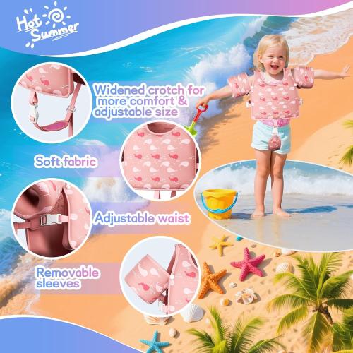 Pink Toddler Swim Vest, Toddler Floaties, Swim Vest for Toddlers Learning to Swim, Puddle Kids Jumper with Adjustable Strap, Swim Jacket Arm Floaties for Baby Boys & Girls