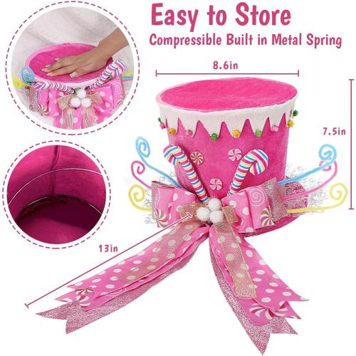 Candy Cane Christmas Tree Topper,Candy Cane Christmas Decorations,Velvet Pink Hat with Peppermint Bows Ribbon Ornaments,Top Hat Christmas Tree Topper for Holiday Xmas Decorations (Pink)