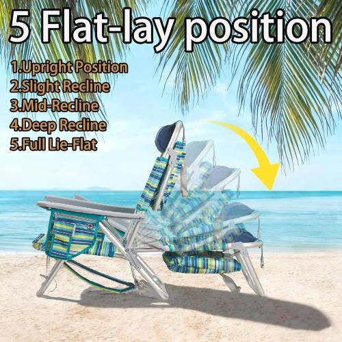 Aluminum Backpack Low Profile Beach Chair - 5-Position Lay Flat Reclining Folding Chair with Removable Cooler Bag - Heavy Duty 330 lbs Capacity, Lightweight Portable Sand Seat - Striped Green‼️has mild scratches ‼️