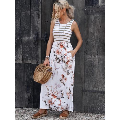 Color White Neeno Women's Dresses Striped & Floral Print Hidden Pocket Dress Dress for Women
