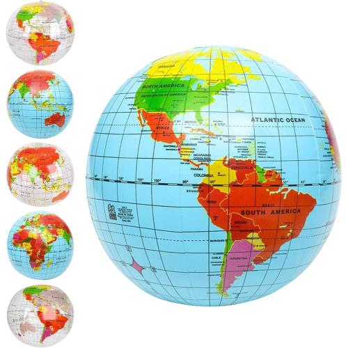 ArtCreativity Inflatable World Globe Ball Set Set of 6 Print Blue and Clear - Colorful Earth Map, 16 Inch Inflatable Beachball for Pool, Summer Fun Toys for Kids, Learning and More