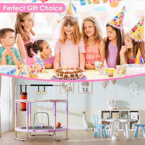 Trampoline for Kids, Upgrade Full Anti-Rust 440lbsToddler Trampoline with Net,Upgraded Ring Legs with Adjustable Gymnastics Bar&Toys, Gifts for Ages 1-8 Boys&Girls