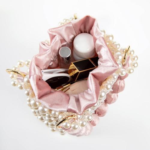 COLOR GREEN YUSHINY Women Faux Pearl Beaded Pleuche Handle Bag Hollow Evening HandBag with Velvet Lining for Wedding Party