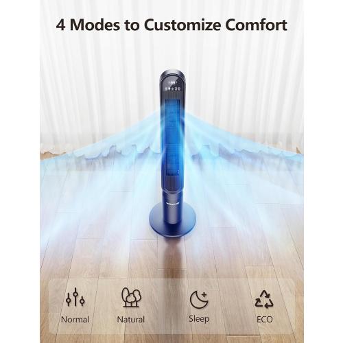 VAGKRI Tower Fan for Bedroom, 42 Inch Quiet Floor Fan with 135° Vertical 90°Oscillation Fans for Indoors, 4 Modes, 4 Speeds, 15H Timers Standing Bladeless Fans with Remote Black