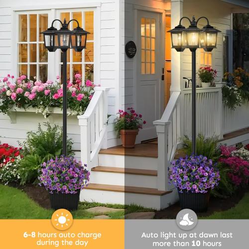 3-Head Solar Lamp Post with Planter, 74 Solar Light Flower Pot Lamp Post, 60Lm Waterproof Solar Light Poles for Outside, Garden, Patio, Yard, Driveway, Replaceable Bulb