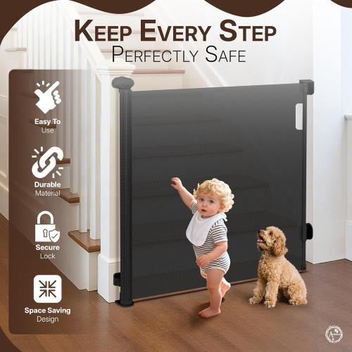 Arshnayas Retractable Baby Gate – 35 Tall, 55 Wide Mesh Safety Gate for Dogs & Babies, Indoor/Outdoor Use for Stairs, Doorways, Hallways, Deck & Porch – Easy One-Handed Wall Mount Design