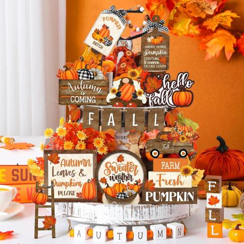 Maitys 21 Pcs Thanksgiving Tiered Tray Decor Set Fall Pumpkin Gnome Truck Scarecrow Wood Sign Rustic Farmhouse Decor Hello Fall Wood Bead Decorative Tabletop Sign for Autumn Thanksgiving Day(Vintage)