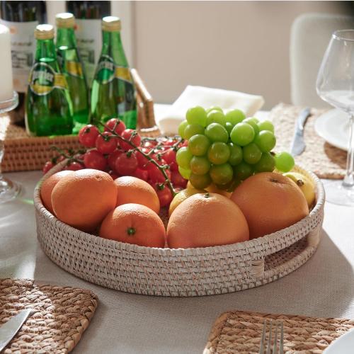 Round Rattan Tray, Decorative Coffee Table Trays, Ottoman Tray, Woven Serving Tray with Handles, Wicker Serving Basket, Whitewash