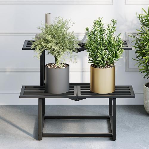 Heavy Duty Plant Stand Indoor Outdoor, Foldable Metal Plant Shelf for Multiple Pots, Mid Century Slatted Bench for Patio Garden, 2 Tier Black