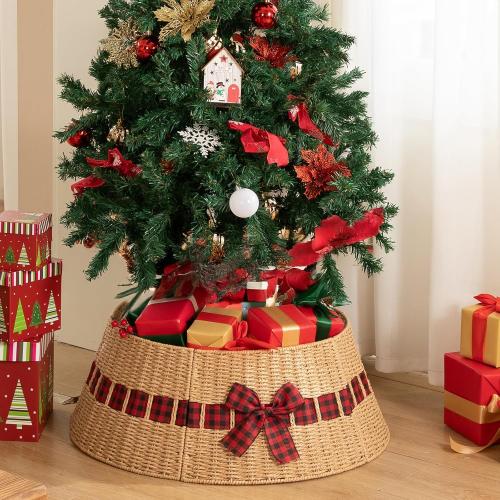 OIAHOMY Christmas Tree Collar, Wicker Holiday Tree Skirt & Stand Base Cover,Paper Rope Christmas Decor with a Bow Tie, Natural-27 inch