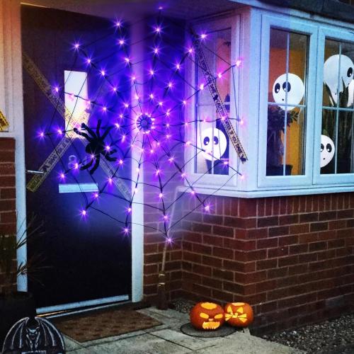 Orange & Purple EAMBRITE Halloween Spider Web Lights with 84LED Orange/Purple Lights, Light up Cobweb with Black Spider, Halloween Decorations for Room Proch Window Garden Indoor and Outdoor