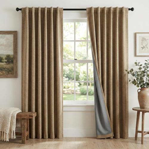 RYB HOME Linen Textured 100% Blackout Curtains for Bedroom, Insulating Energy Saving Window Curtains for Living Room Dining Patio Sliding Glass Door, Wide 52 x Long 84 inch, Burlap, 2 Panels