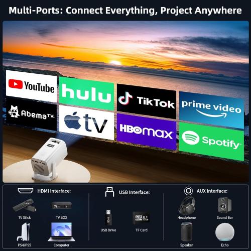 Mini Projector, Portable Projector 4K & Full HD 1080P Support, 270° Rotation Outdoor Projector, Movie Projector Compatible with Smartphone, TV Stick, Laptop, PS4, HDMI, USB (No WiFi or Bluetooth)