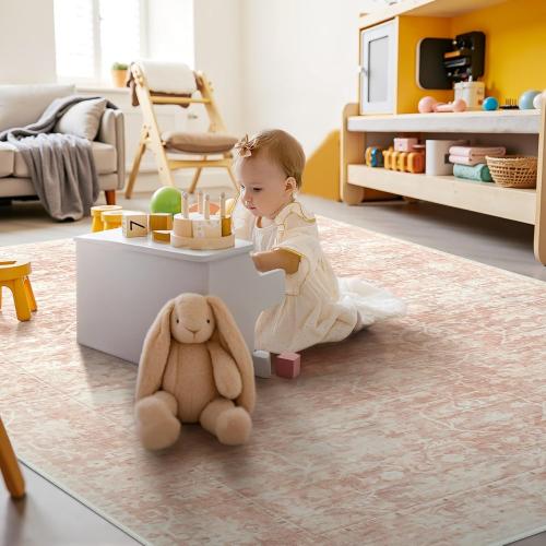 8x10 Area Rugs for Living Room: Large Soft Washable Rug Modern Aesthetic Floral Carpet Low Pile Non-Slip Stain Resistant for Bedroom Dining Table or Home Office Home Decor - Beige Pink