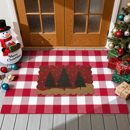 OJIA 2PCS Christmas Rug Door Mat Combo Set, Imitation Coir Doormat   3'x5' Red and White Plaid Rug Xmas Washable Outdoor Area Rugs Layered Door Mats Floor Carpet for Porch Patio Decor Outside Entry